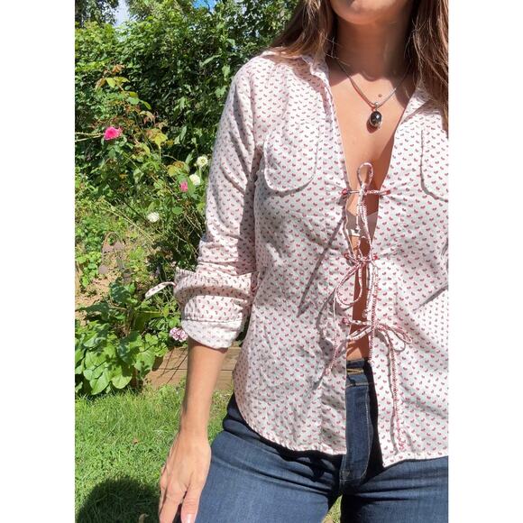 Y2K Lace-Up Handkerchief Print Blouse — / American Eagle Vintage Top XS-S - Picture 4 of 9